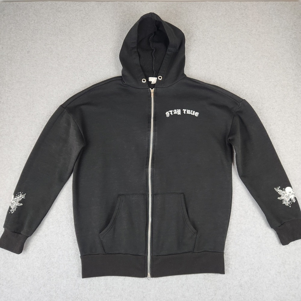 Stay True‎ Fleur De Lis Graphic Zip Up Hoodie Black Mens Small Y2K Grunge Skull